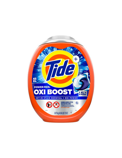 Tide Oxi Boost Power PODS Power con Quitamanchas y Paquetes de Detergente para Ropa Oxi 45 Unidades