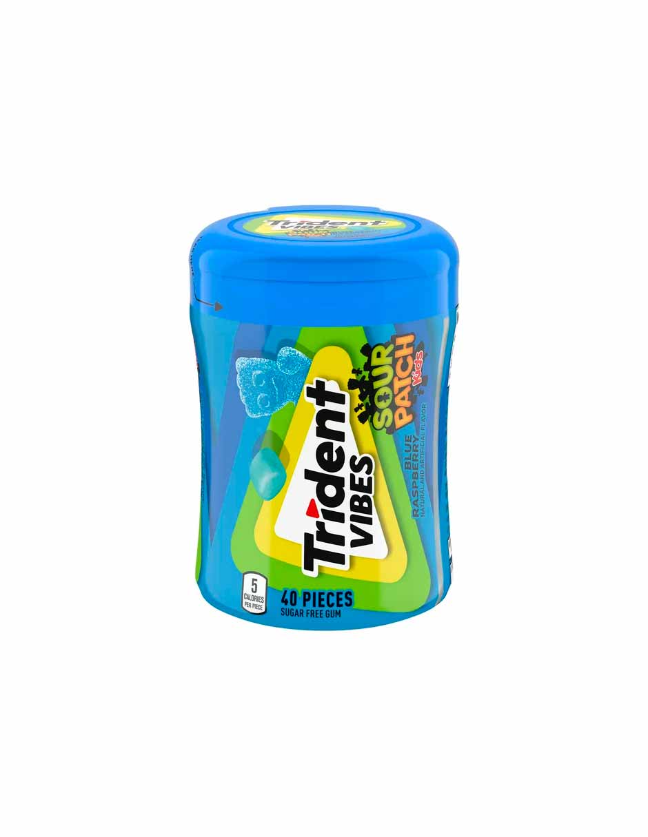 Trident Vibes SOUR PATCH chicle sin azúcar de frambuesa azul, botella de 40 piezas