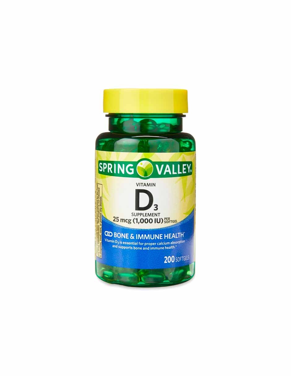 Spring Valley Vitamina D3 cápsulas blandas, 25 mcg (1000 UI), 200 unidades