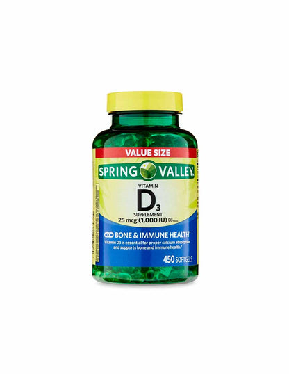 Spring Valley Vitamina D3 cápsulas blandas, 25 mcg (1000 UI), 450 unidades