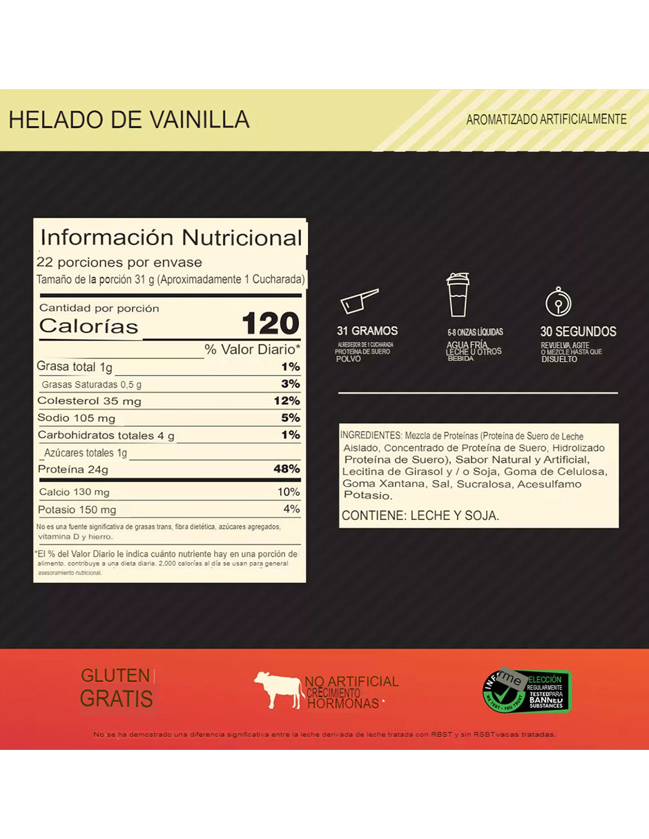 Optimum Nutrition Gold Standard 100 % proteína de suero en polvo - Helado de vainilla 682gr