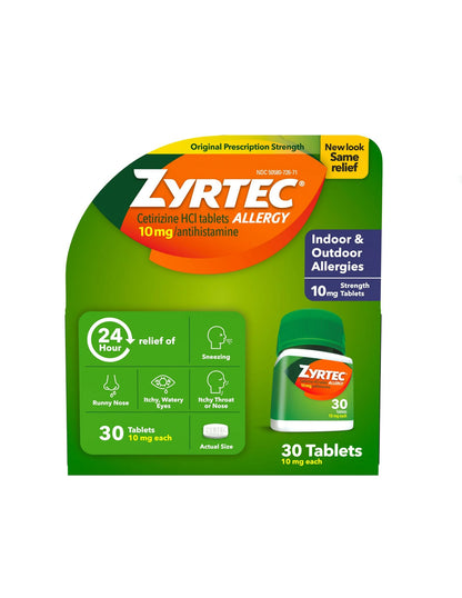 Zyrtec 24hr alivia para alergias, tabletas con 10 mg, 30 unidades