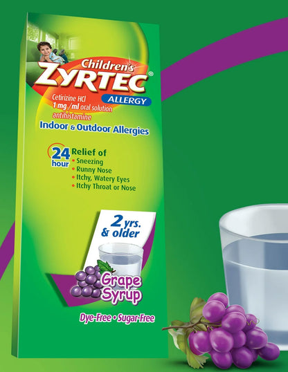 Zyrtec jarabe para niños alivia los síntomas de alergia, sabor uva 118ml