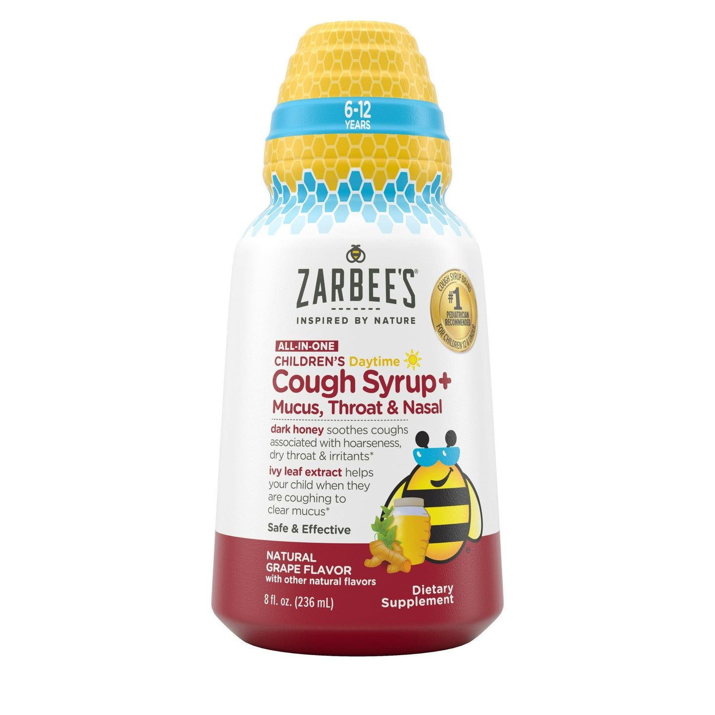 Zarbee's Kids jarabe para todos de día 6 a 12 años, miel, Cúrcuma, B3,6,12 y Zinc 236ml