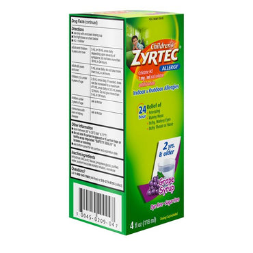 Zyrtec jarabe para niños alivia los síntomas de alergia, sabor uva 118ml