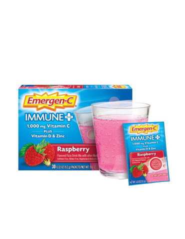 Emergen-C Immune Plus Suplemento de vitamina C en polvo, frambuesa, 30 unidades