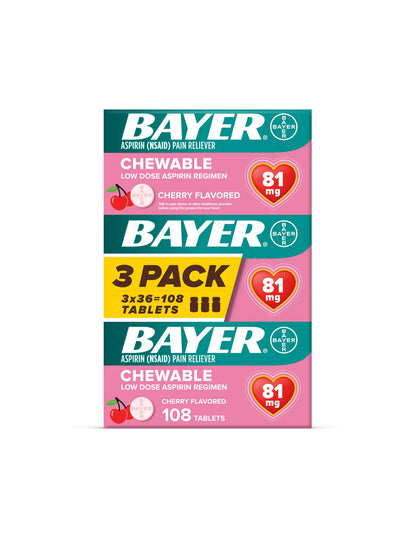 Bayer Aspirina masticable, dosis baja, 81 mg, Cereza, 108 unidades