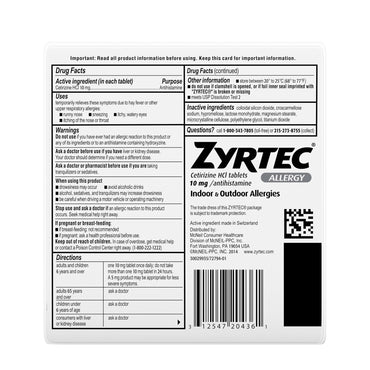 Zyrtec 24hr alivia para alergias, tabletas con 10 mg, 30 unidades