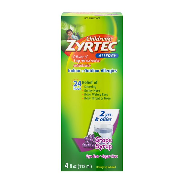 Zyrtec jarabe para niños alivia los síntomas de alergia, sabor uva 118ml