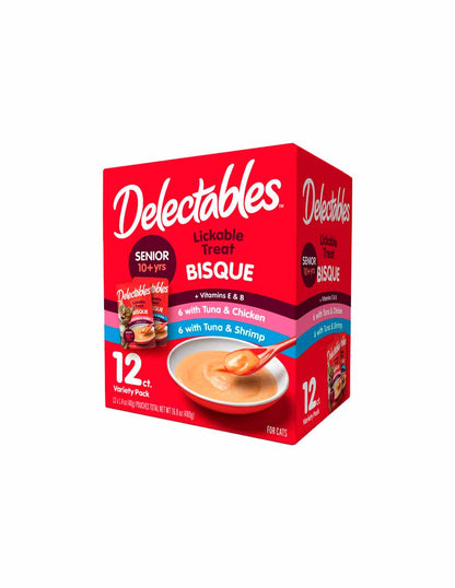 Delectables Bisque Senior 10+ variado pollo, atún y camarón, 12 pzas