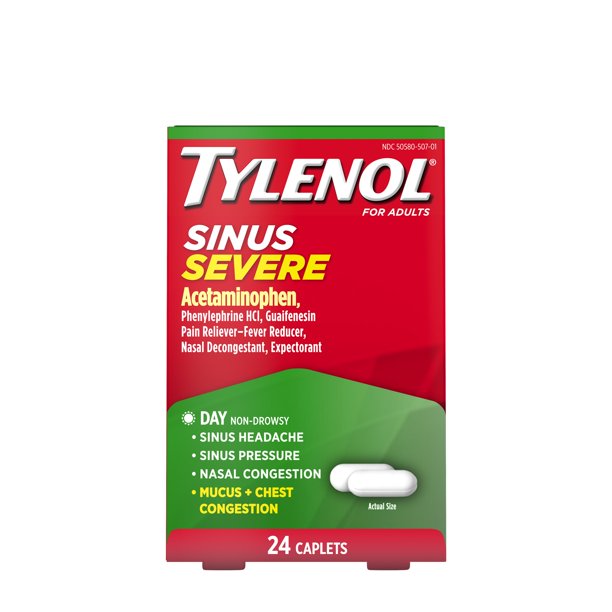 Tylenol Sinus Severe, para el alivio del resfriado y la gripe, 24 unidades