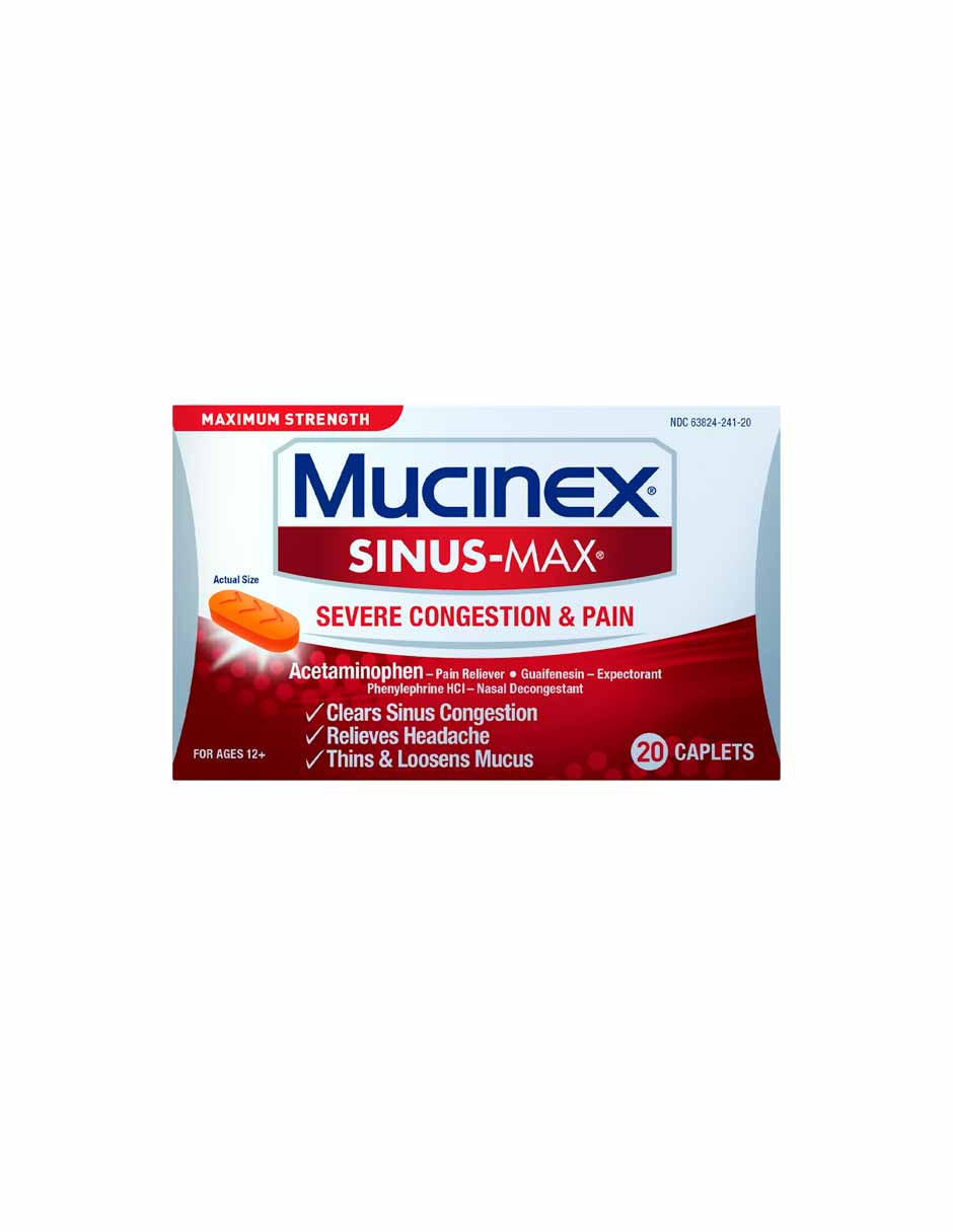 Fuerza máxima Mucinex Sinus Max Congestión y dolor severos,  20 cápsulas