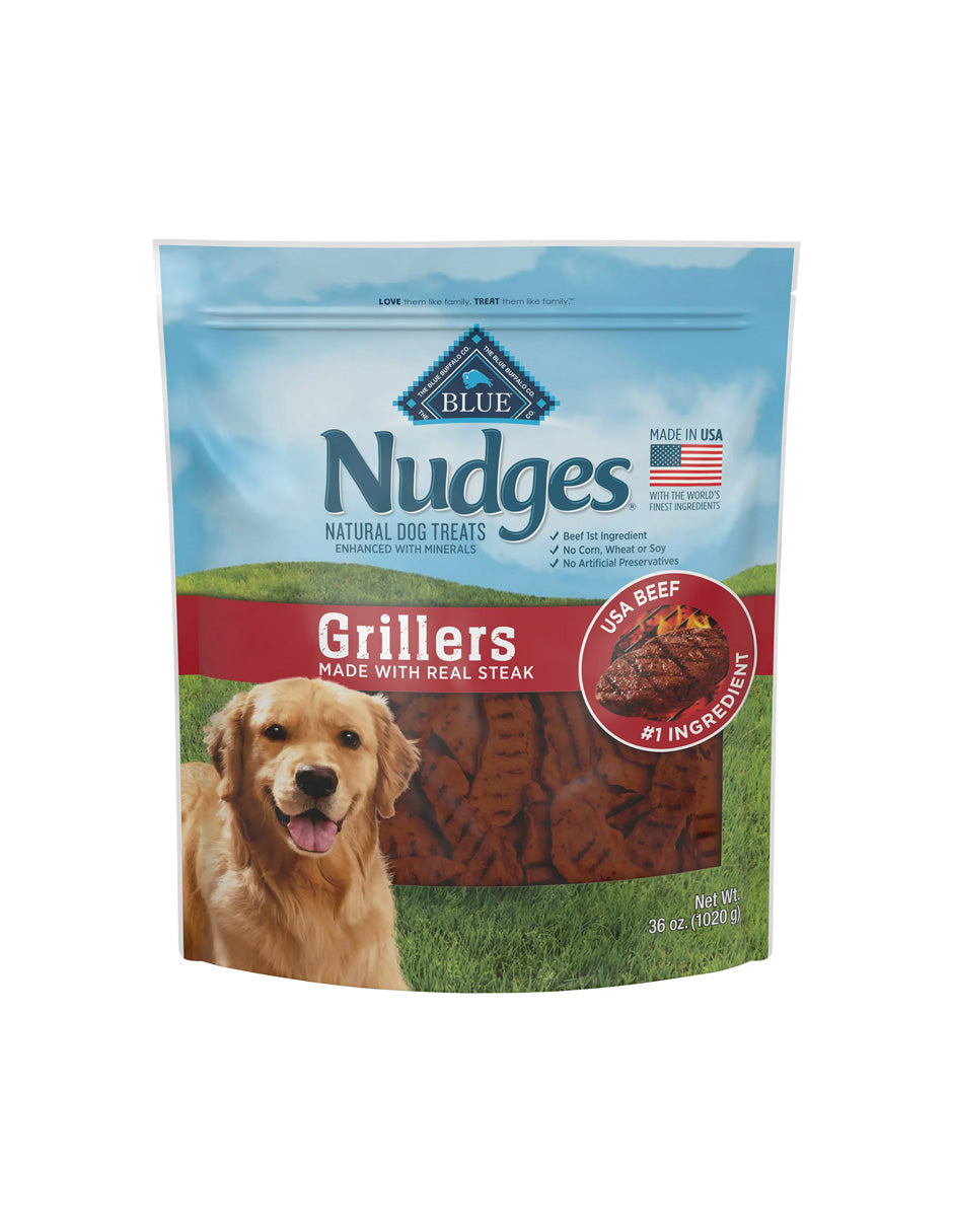 Blue Buffalo Nudges Grillers - Golosinas naturales para perros, carne, bolsa de 1360 gr