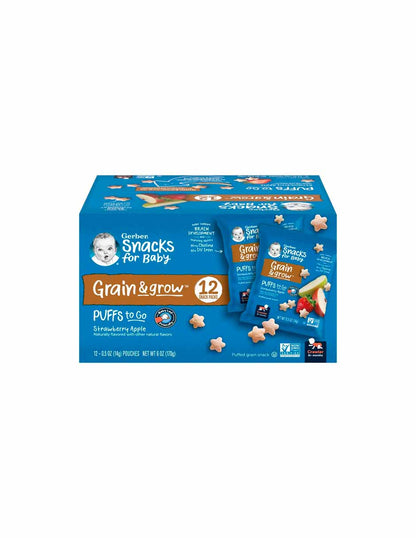 Gerber Puffs to Go Snack de grano inflado, manzana fresa, 12 pzas