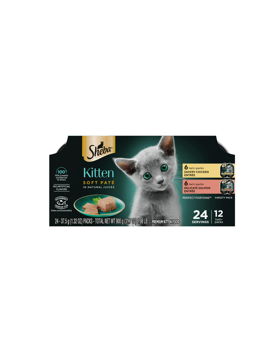 SHEBA Comida húmeda en paté para gatitos sabor salmón y pollo, 24 unidades